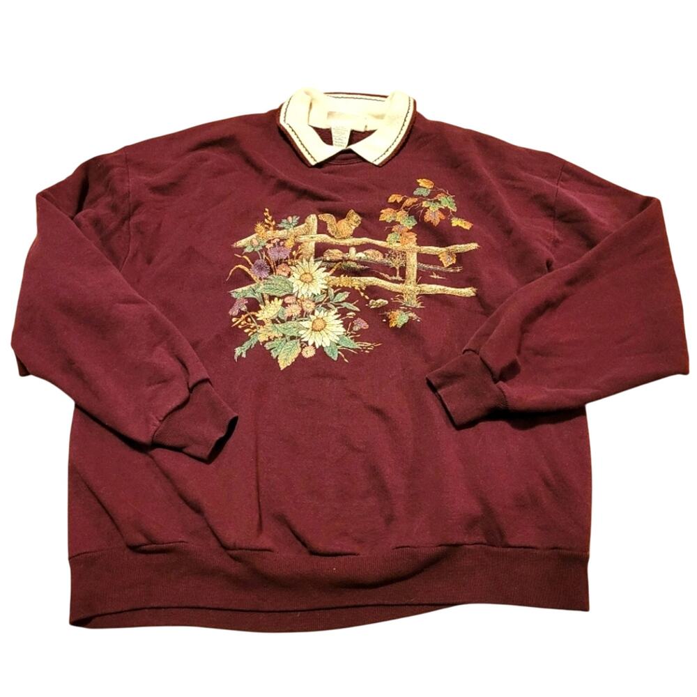 Vtg 90s Fall Floral Squirrel Double Collared Crewneck Sweatshirt USA Made XL